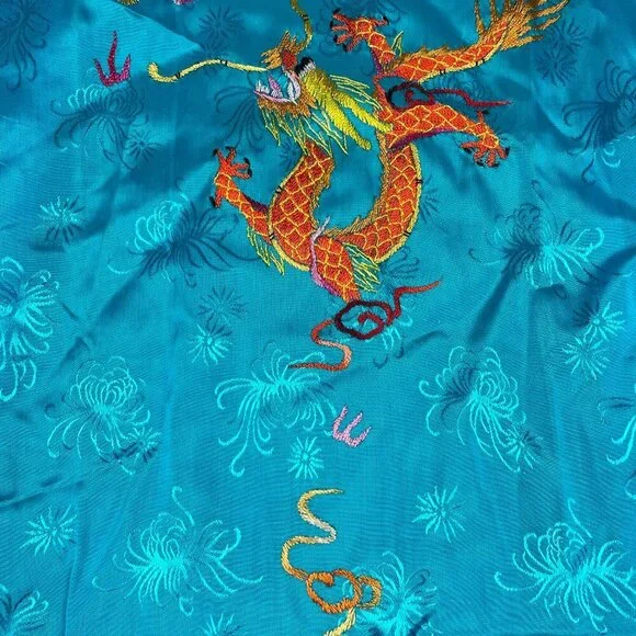 Vintage Golden Bee Teal Blue Chinese Kimono Robe Dress Women's Large - Picture 10 of 10